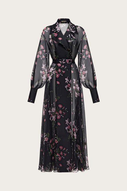 Платье-халат из черной шелковой органзы с авторским принтом