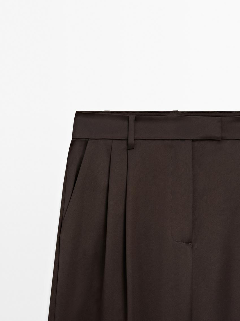 Massimo Dutti Струящиеся атласные брюки с широкими штанинами, коричневый