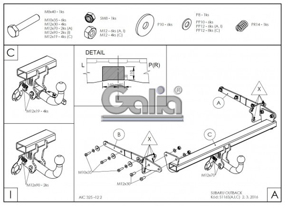 Фаркоп оцинкованный Galia S116A для Subaru Outback 2015-(паспорт и сертификат в комплекте)(без электрики)