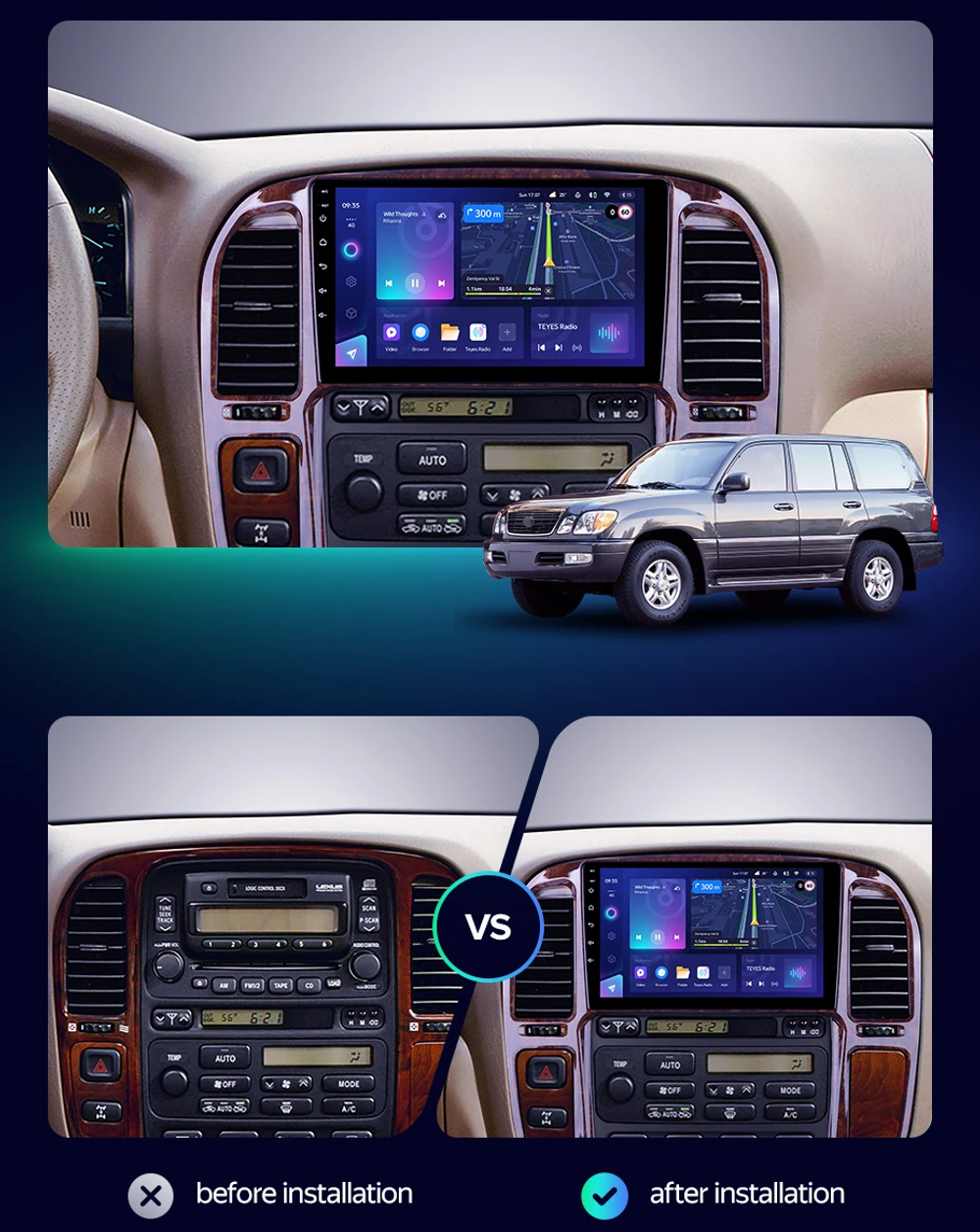 Магнитола для Toyota Land Cruiser 100, Lexus LX470 1998-2002 (кондиционер или климат внизу, рамка дерево) - Teyes CC3 монитор 9" QLED на Android 10, ТОП процессор, 4Гб+32Гб, CarPlay, 4G SIM-слот