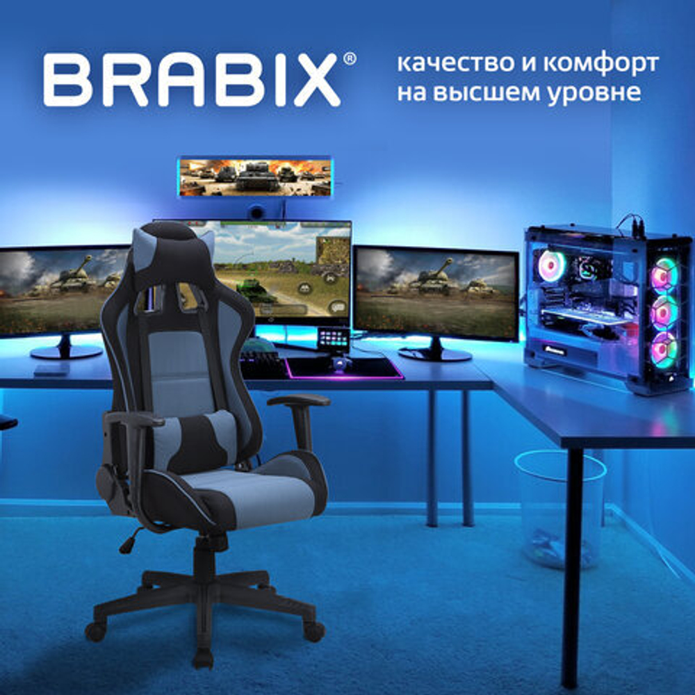 Кресло компьютерное BRABIX "GT Racer GM-100", две подушки, ткань, черное/голубое, 531818