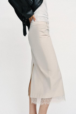 ZARA ЮБКА МИДИ С КРУЖЕВОМ, КОСТЯНОЙ