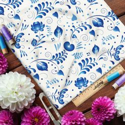 Ткань атлас редкая гжель на белом фоне