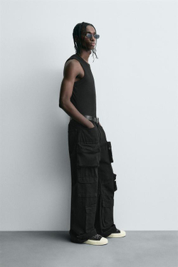 ZARA БРЮКИ КАРГО С КАРМАНАМИ, ЧЕРНЫЙ