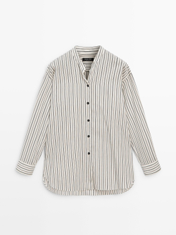 Massimo Dutti Рубашка свободного кроя в полоску с воротником-стойкой, белый