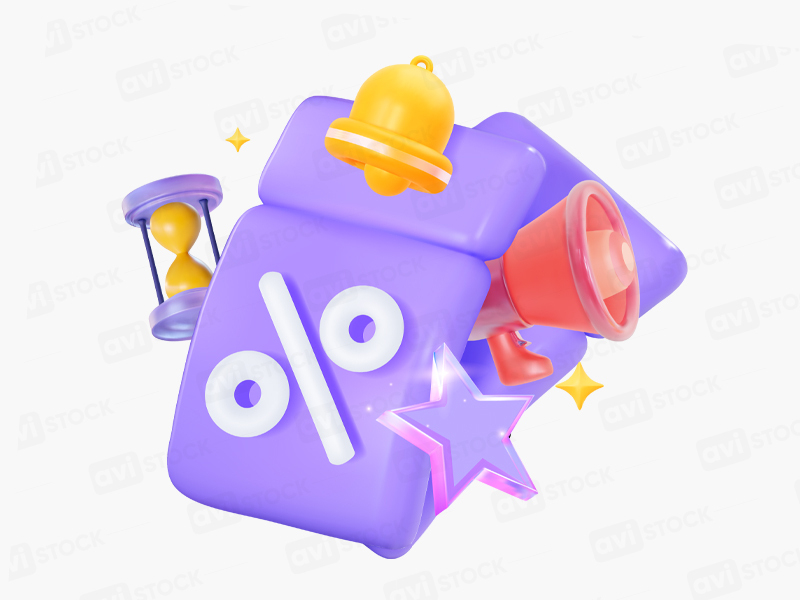 3D фиолетовый купон со скидкой уведомлением и таймером