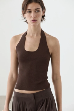 Massimo Dutti Облегающий вязаный топ с завязками на шее, коричневый