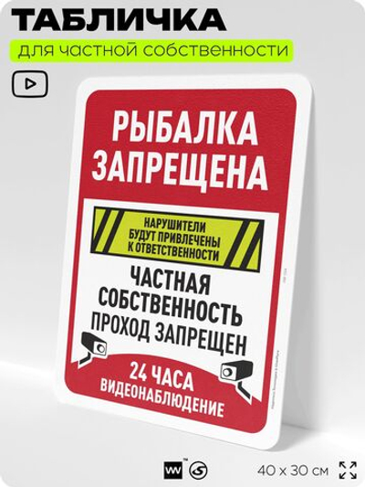 Табличка для частной территории "Рыбалка запрещена, частная собственность", на дом, для участка, организаций, предупреждающая, 40х30 см, Silver Plane x Айдентика Технолоджи