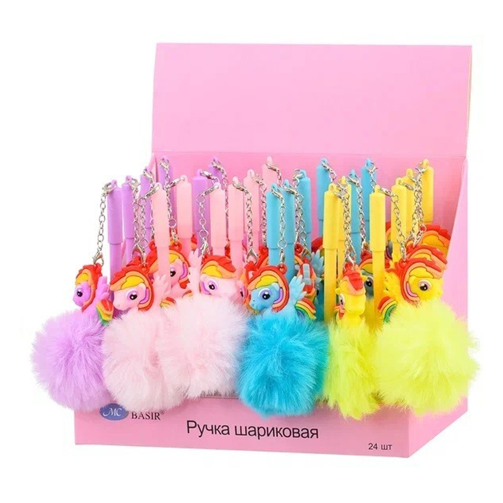 Ручка шариковая, Basir, синие чернила, серия "Единорог пушистик", цветной корпус с мехом и фигуркой, 24 шт