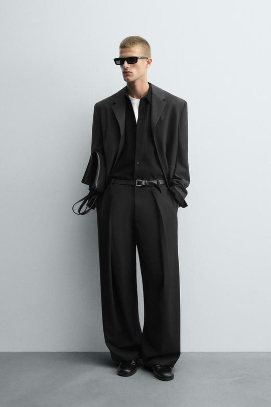 ZARA БРЮКИ WIDE FIT СО СКЛАДКАМИ, ЧЕРНЫЙ