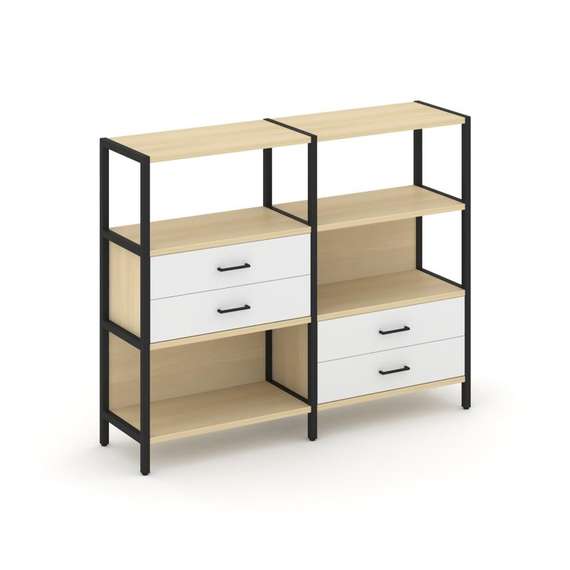 Shelf System Двухсекционный стеллаж трехярусный с ящиками SN.STM-323 Акация Лорка/Белый/Металл Черны