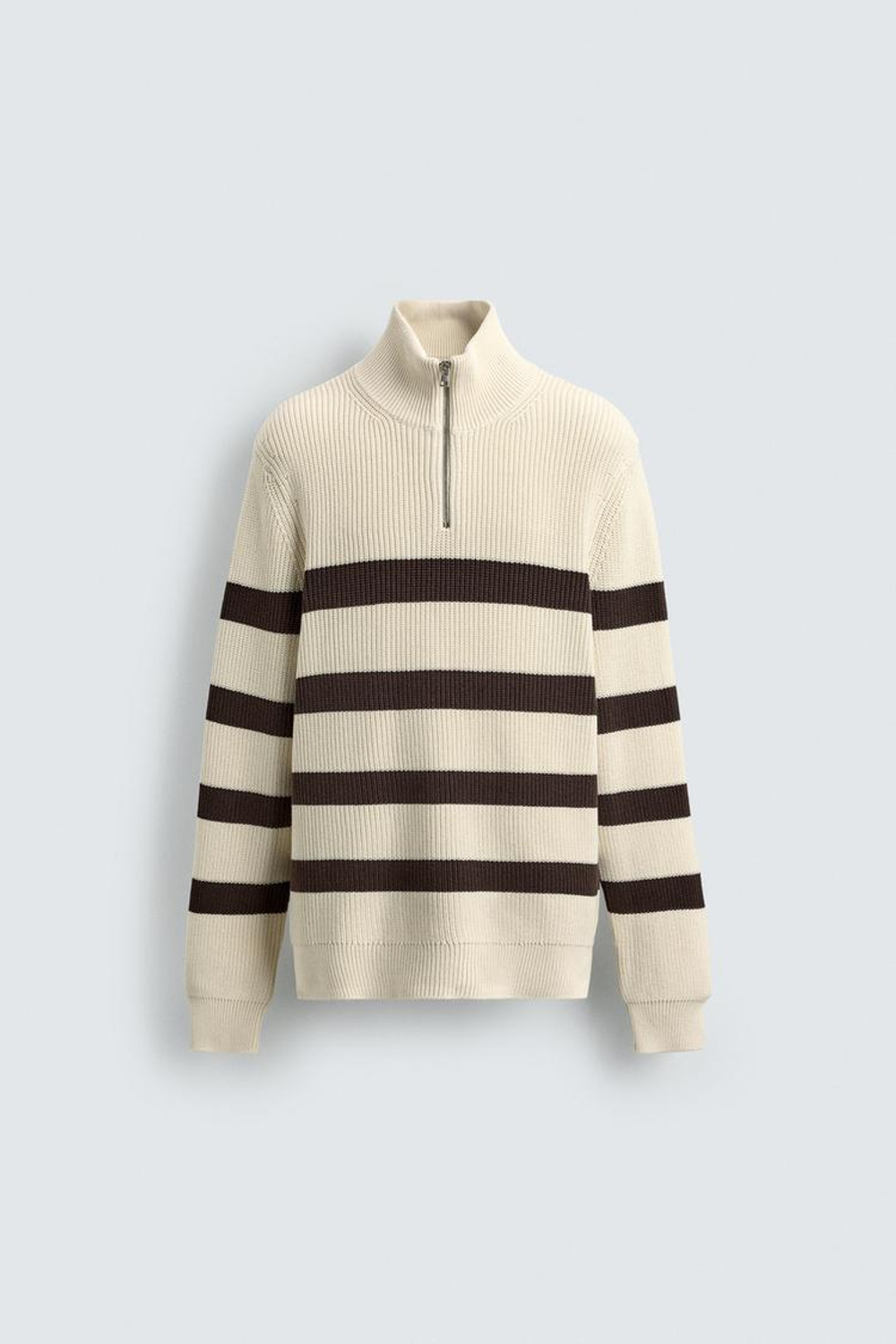 ZARA ДЖЕМПЕР ИЗ ЖЕМЧУЖНОЙ ВЯЗКИ С ВОРОТНИКОМ НА МОЛНИИ, ЭКРЮ/КОРИЧНЕВЫЙ