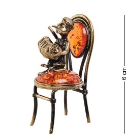 AM-1036 Фигурка «Кот с гармошкой на стуле» (латунь, янтарь)