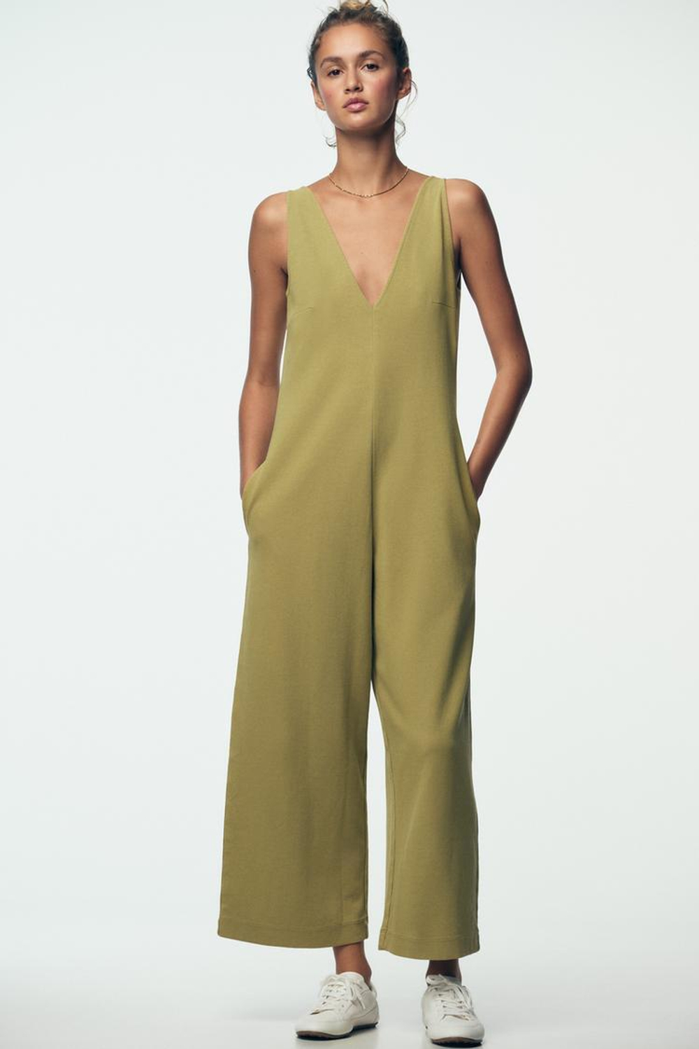 ZARA КОМБИНЕЗОН ИЗ ТКАНИ ИНТЕРЛОК, СВЕТЛО-ОЛИВКОВЫЙ