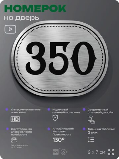 Номерок на дверь квартиры 350, для кабинета, офиса, шильдик 9 х 7 см, брашированная сталь, Айдентика Технолоджи