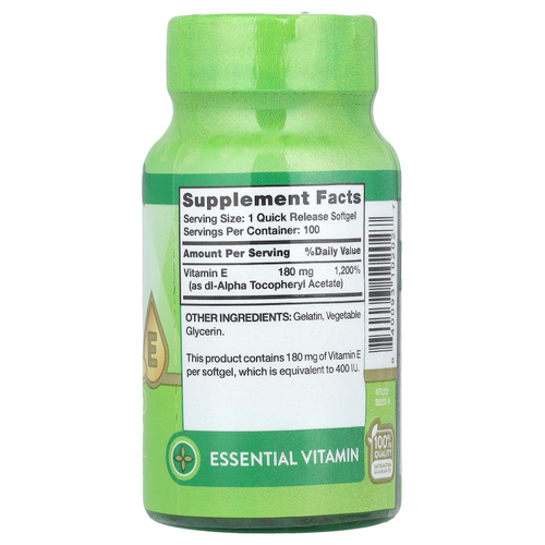 Nature's Truth, Витамин E, высокая эффективность, 180 мг (400 МЕ), 100 капсул быстрого высвобождения