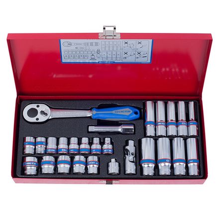 Цена на KING TONY (3027MR) Набор торцевых головок с принадлежностями 3/8", 12-гранные, 7-19 мм, 26 предметов