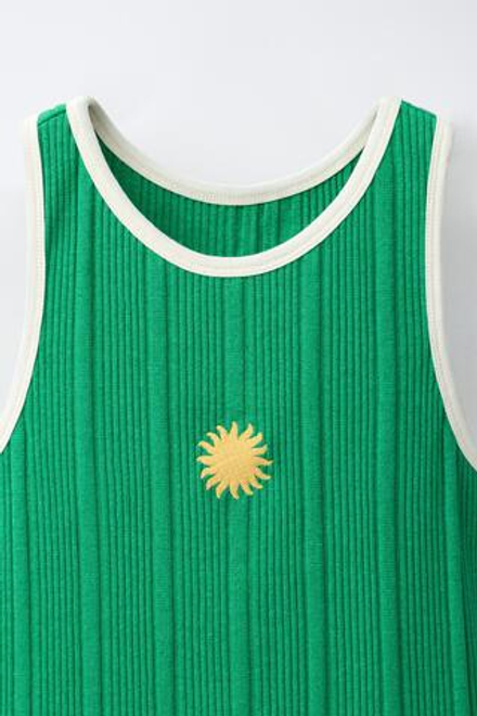 ZARA ПЛАТЬЕ В РУБЧИК С ВЫШИВКОЙ СОЛНЦА, ЗЕЛЕНЫЙ