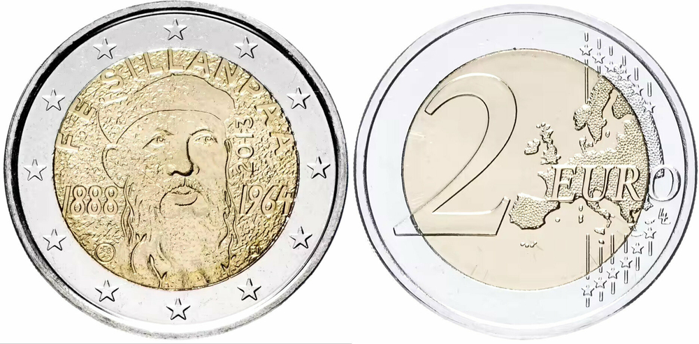 Финляндия 2 евро, 2013 125 лет со дня рождения Франса Эмиля Силланпяя aUNC