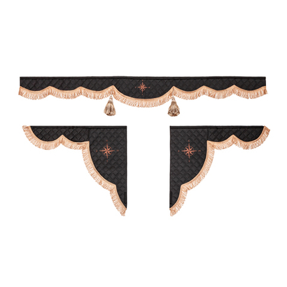 Ламбрекен 1,8м с косынками универсальные стеганые Роза Ветров (экокожа, черный, коричневые кисточки)