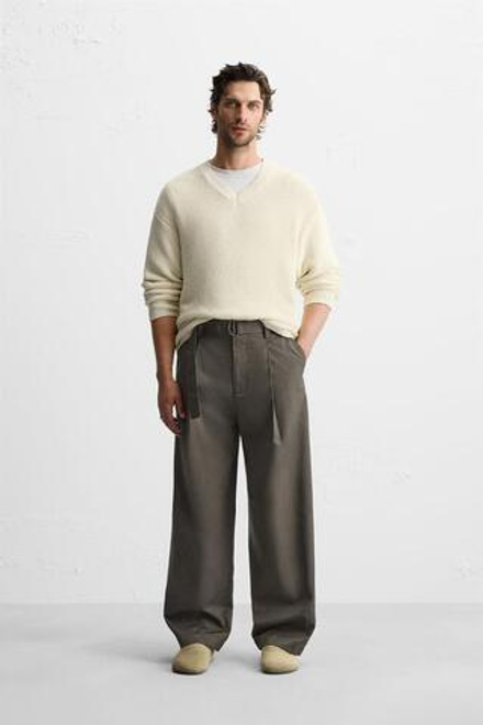 ZARA БРЮКИ С ЗАЩИПАМИ И РЕМНЕМ, СЕРО-КОРИЧНЕВЫЙ