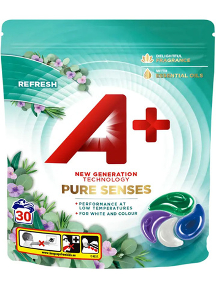 Капсулы, средство для стирки A+ Pure Senses Refresh 30 шт., для цветного и белого белья, свежий аромат эвкалипта с нотками розмарина и полевых цветов