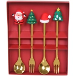 Набор для десерта «Дед Мороз и Ёлка» 4предмета (2ложки+2вилки) в подарочной коробке,золото