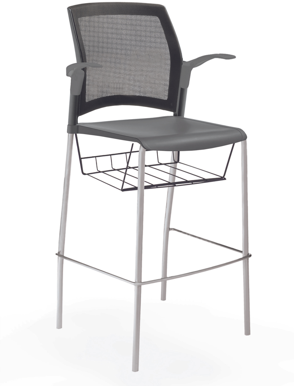 стул Rewind стул барный на 4 ногах, каркас серый, пластик серый, спинка-сетка, с открытыми подлокотниками, с подседельной корзиной