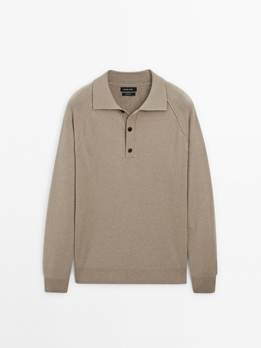 Massimo Dutti Шерстяной свитер с воротником поло, бежевый