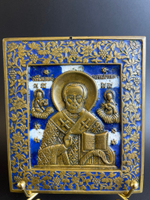 Икона 19 век "Святитель Николай Чудотворец" (Николай Угодник), бронза, литье, полихромные эмали, Российская Империя, 1850-1890 гг.