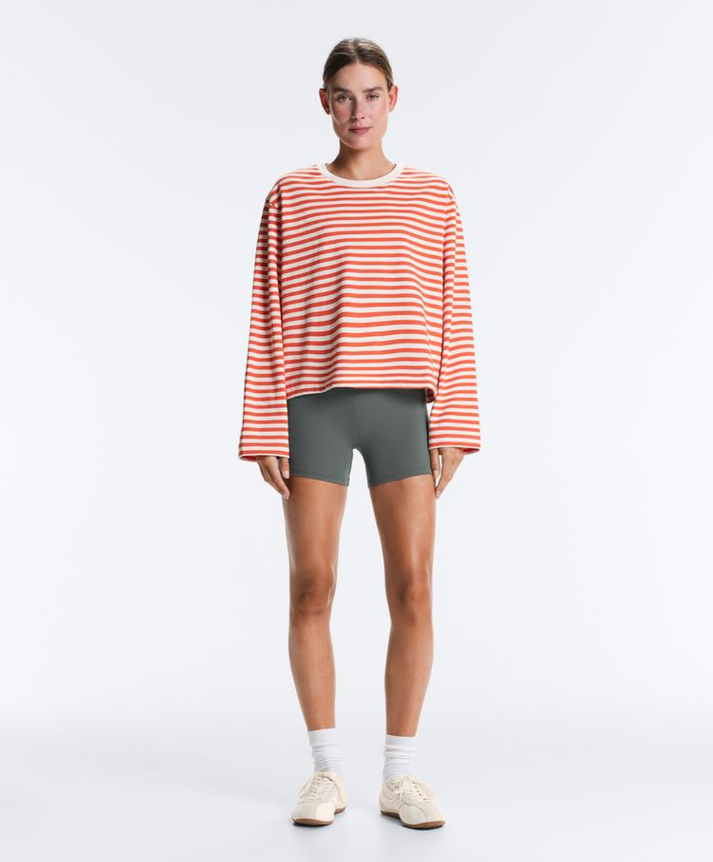 Oysho Футболка Boxy в полоску из 100%-го хлопка с длинными рукавами, оранжевый меланж