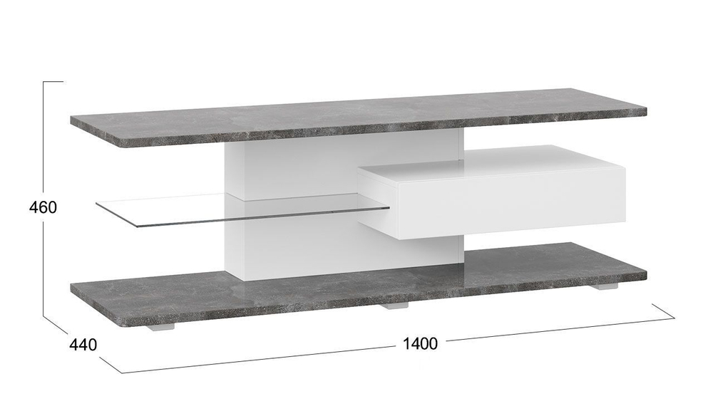 Тумба под телевизор напольная Белый/Ателье темный глянец 140х44х46 см