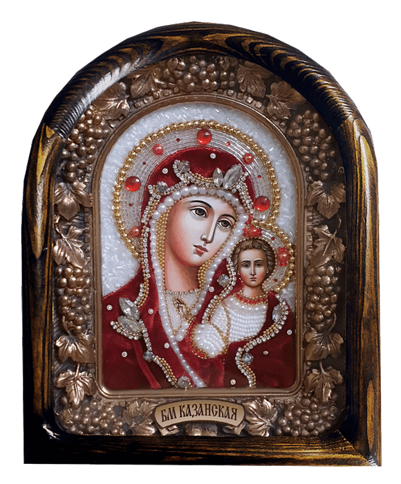 Образ Пресвятой Богородицы Казанская, бисер, ткань(бархат)
