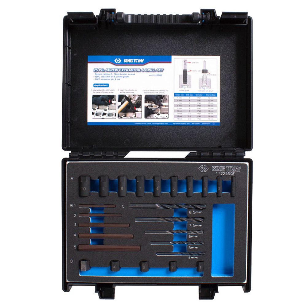 KING TONY (11225SQE) Набор для извлечения поврежденного крепежа 5-14 мм, 25 предметов