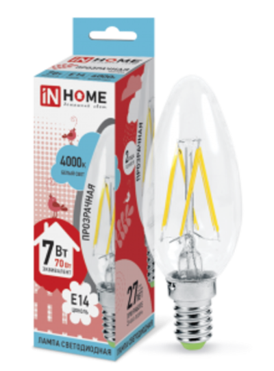Лампа светодиодная LED-СВЕЧА-deco 7Вт 230В Е14 4000К БЕЛЫЙ 810Лм прозрачная IN HOME
