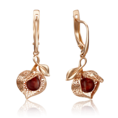 Серьги «Физалисы» с английским замком из красного золота c янтарём