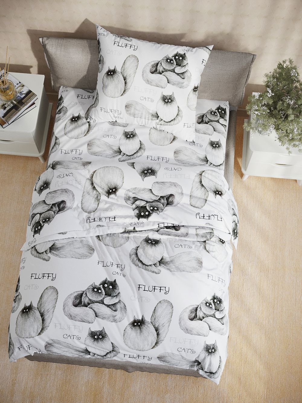 Постельное белье поплин Сказка "Fluffy/Флиппи" евро Наволочка 50х70 см 2 шт Простынь на резинке 180x200 см Пододеяльник 200x215 см