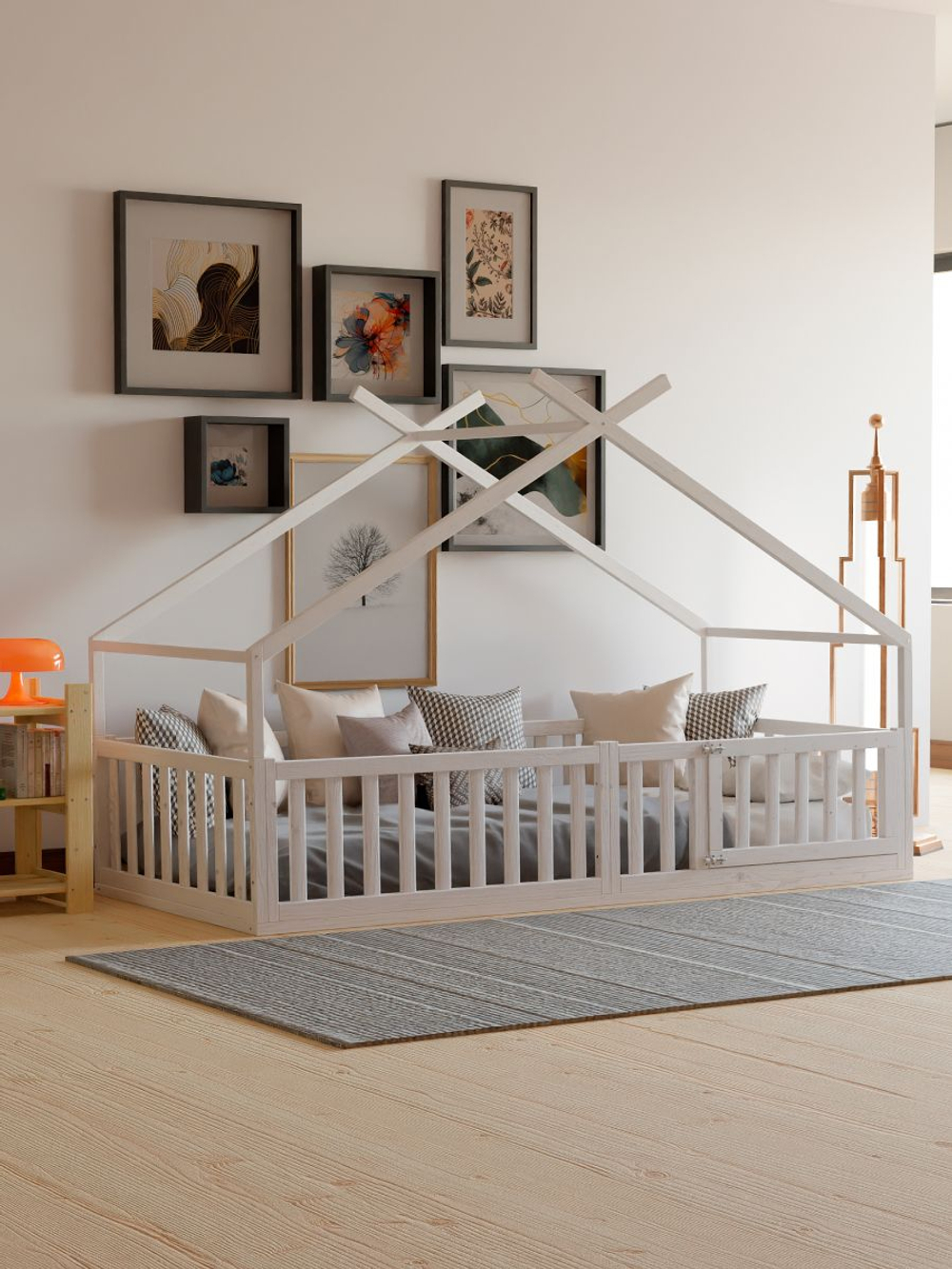 Кровать 90х200, Афина, напольная, односпальная, с бортиками, детская, массив сосны, белая, Dipriz