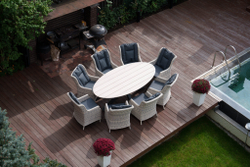Комплекты садовой мебели из искусственного ротанга : обеденный стол ЛУГАНО ( 2.2Х 1.14 м) + 8 кресел БЕРГАМО(цвет серый)