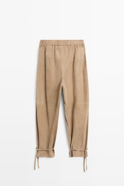 Massimo Dutti Брюки из замшевой кожи с завязками по низу, зеленый