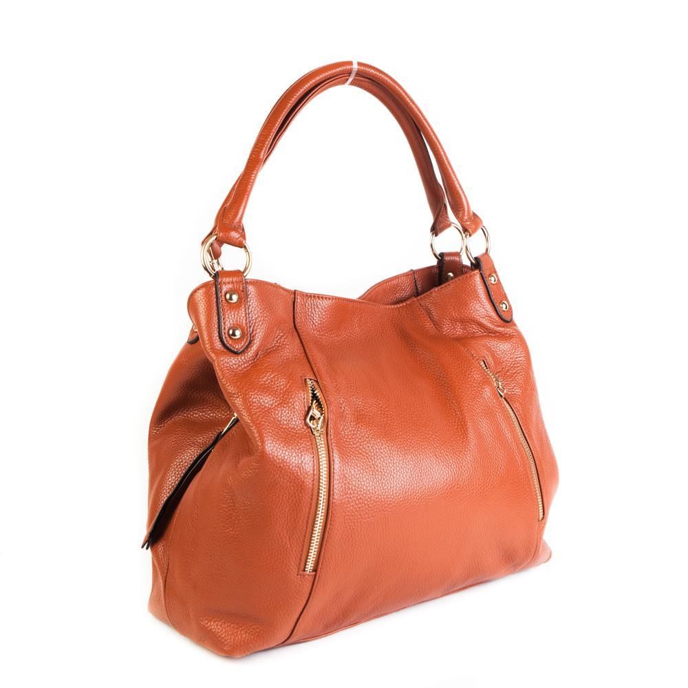 Вместительная мягкая женская средняя рыжая сумка с вертикальными кармашками на молнии из натуральной кожи 37х32х12 см Doublecity 9740 Yellow