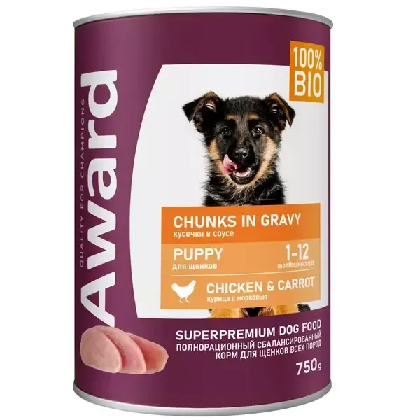 Уценка! Срок 04.12.2025/ Консервы AWARD для щенков, кусочки с курицей и морковью