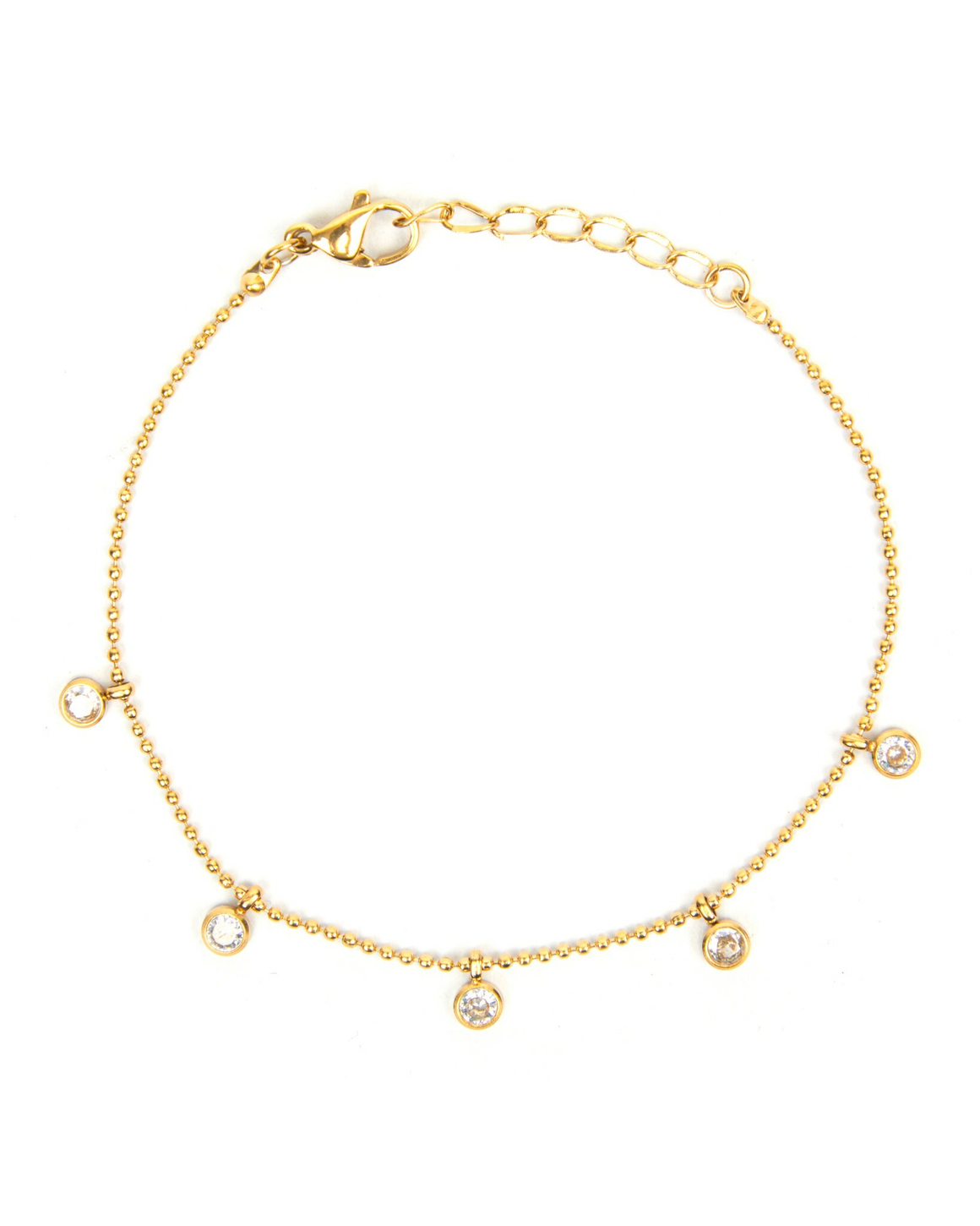 Браслет маленькие золотые шарики, 5 круглых циркониев