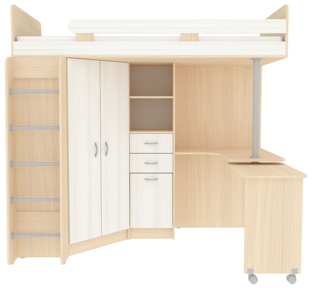 Кровать-чердак КарИВи Юниор 3 с металлической лестницей  Дуб Молочный Белое Дерево