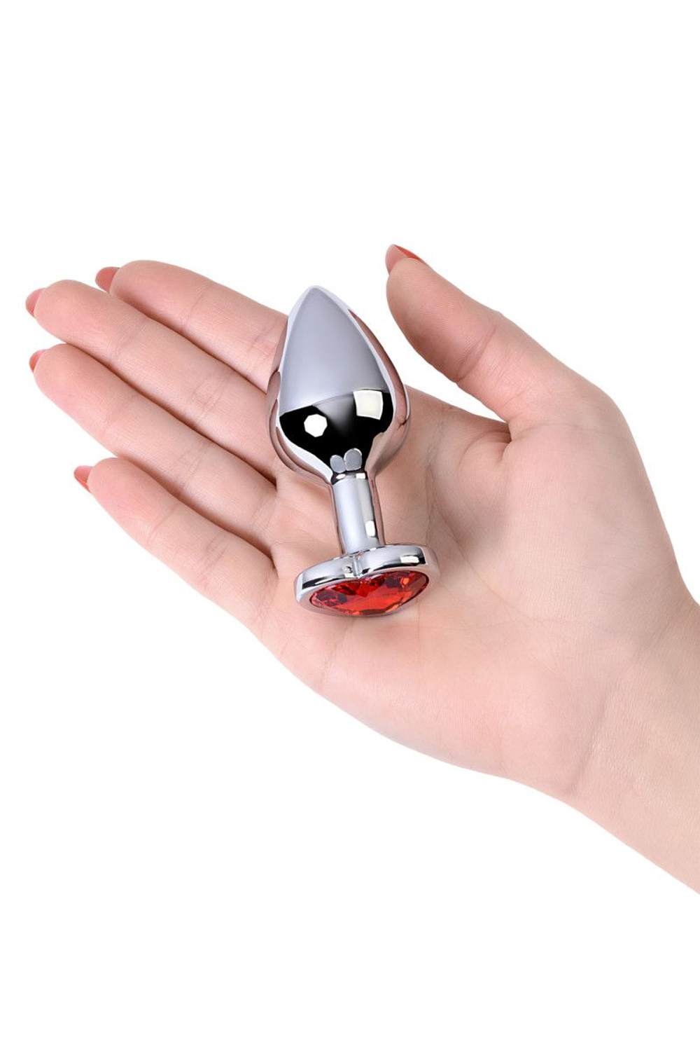 Серебристая коническая анальная пробка с красным кристаллом-сердечком - 7 см. (Цвет: красный)