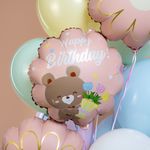 Шар (18''/46 см) Круг, Happy Birthday (мишка с букетом), Розовый, 1 шт.