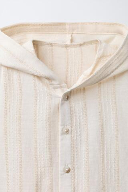 ZARA КУРТКА-РУБАШКА В ПОЛОСКУ С КАПЮШОНОМ, ЭКРЮ