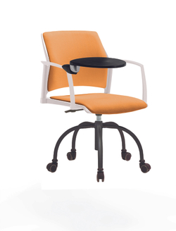 Кресло Rewind каркас черный, пластик белый, база паук краска черная, с закрытыми подлокотниками и пюпитром, сиденье и спинка оранжевые