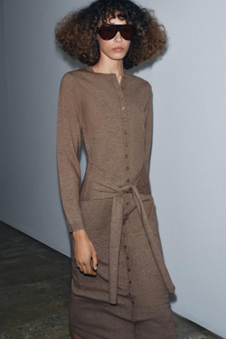 ZARA ТРИКОТАЖНОЕ ПЛАТЬЕ МИДИ С ПОЯСОМ, СЕРОВАТО-КОРИЧНЕВЫЙ