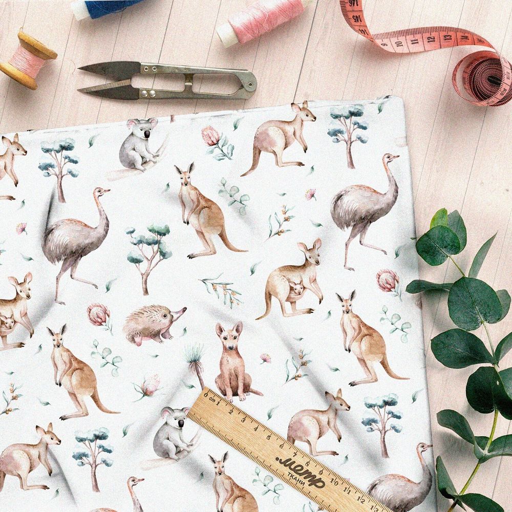 Ткань бифлекс кенгуру страусы акварельные